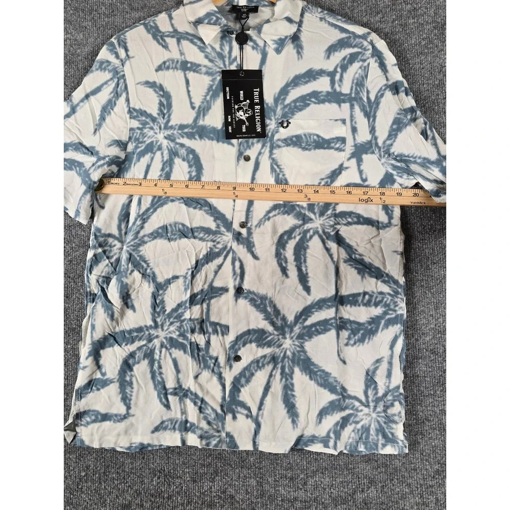 True Religion Men Palm Tree Camp Collar‎ Short Sleeve Button Up Shirt Size Small